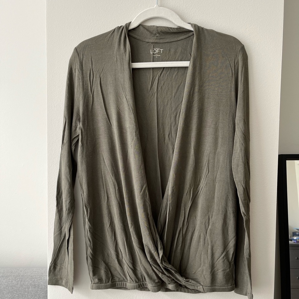 LOFT olive green long sleeve wrap top